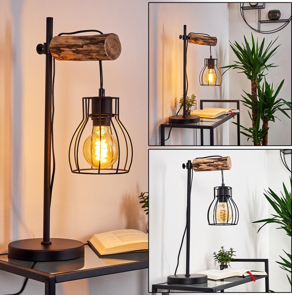 »Aprica« aus Metall/Holz in Schwarz/Braun, Retro Tischlampe mit höhenverstellbarem Leuchtenschirm, E27-Fassung max. 40 Watt, Lampe für Büro u. Schreibtisch in Gitter-Optik, LED geeignet Bild 1