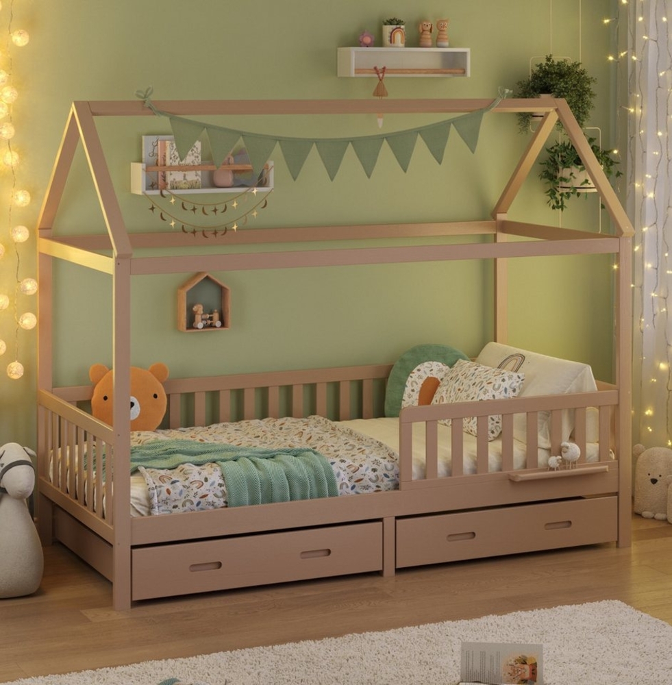 Alavya Home® Hausbett CLOUD aus 100% FSC®-zertifiziertem Buchenholz – Bestseller & beliebt! (SET Kinderbett 80x160, inkl. Matratze Schubladen Buchablage Rausfallschutz und Lattenrost), Hausbett 80x160cm für Mädchen und Jungen aus Massiv Buchenholz Bild 1