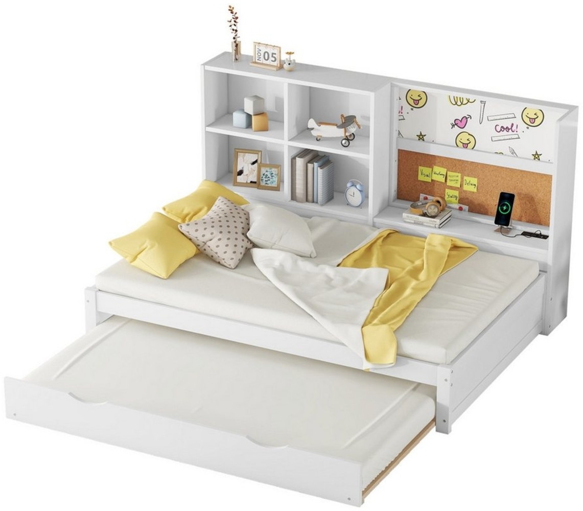 REDOM Kinderbett Schlafsofa Stauraumbett Einzelbett (mit ausziehbarem Rollbett, USB-Ladeanschluss & Whiteboard, Stauraum für Kinderzimmer und Gästezimmer, 90x200 cm), ohne Matratze Bild 1