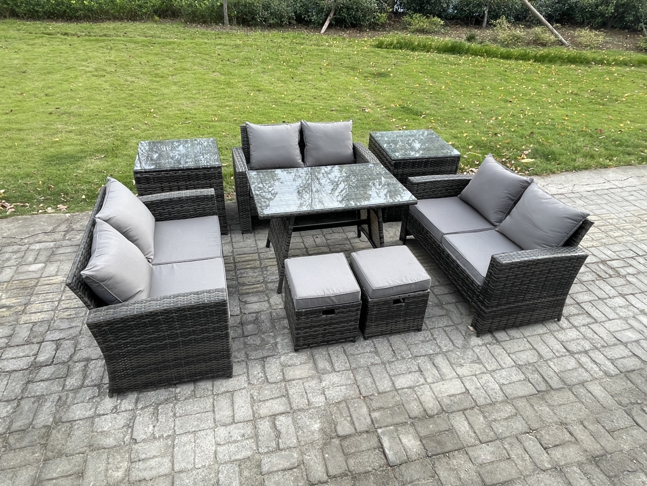 Fimous Garten Sofa im Freien Set Polyrattan Gartenmöbel Set mit Rechteckiger Esstisch 2 Seat Sofa 2 kleine Fußhockern 2 Beistelltischen Dunkelgrau Gemischt Bild 1