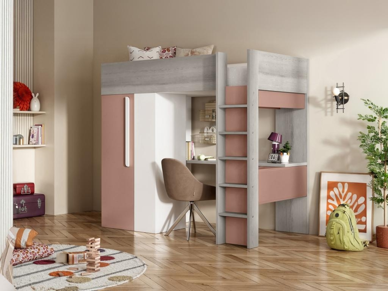 Vente-unique - Hochbett mit Schreibtisch & Kleiderschrank - 90 x 200 cm - Rosa & Weiß - NICOLAS Bild 1