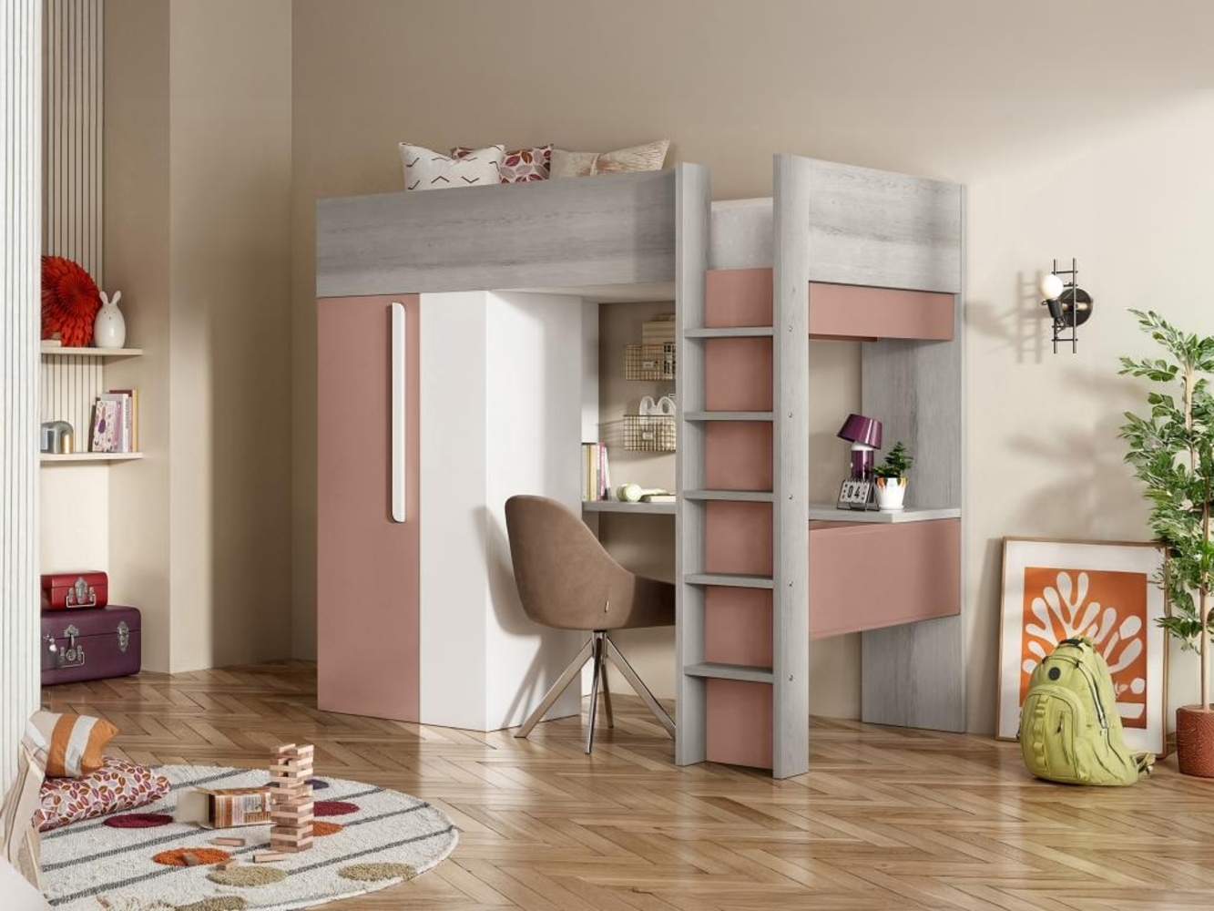 Vente-unique - Hochbett mit Schreibtisch & Kleiderschrank - 90 x 200 cm - Rosa & Weiß - NICOLAS Bild 1