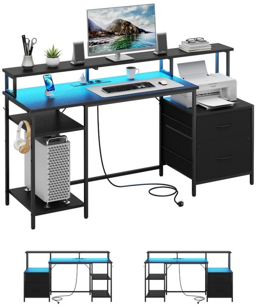 MSMASK Computertisch Bürotisch mit Led und Steckdose, Schreibtisch mit 2 Schubladen (1-St), mit Druckerregal und Monitorständer, Verstellbare Ablagen, 163*89*46cm Bild 1