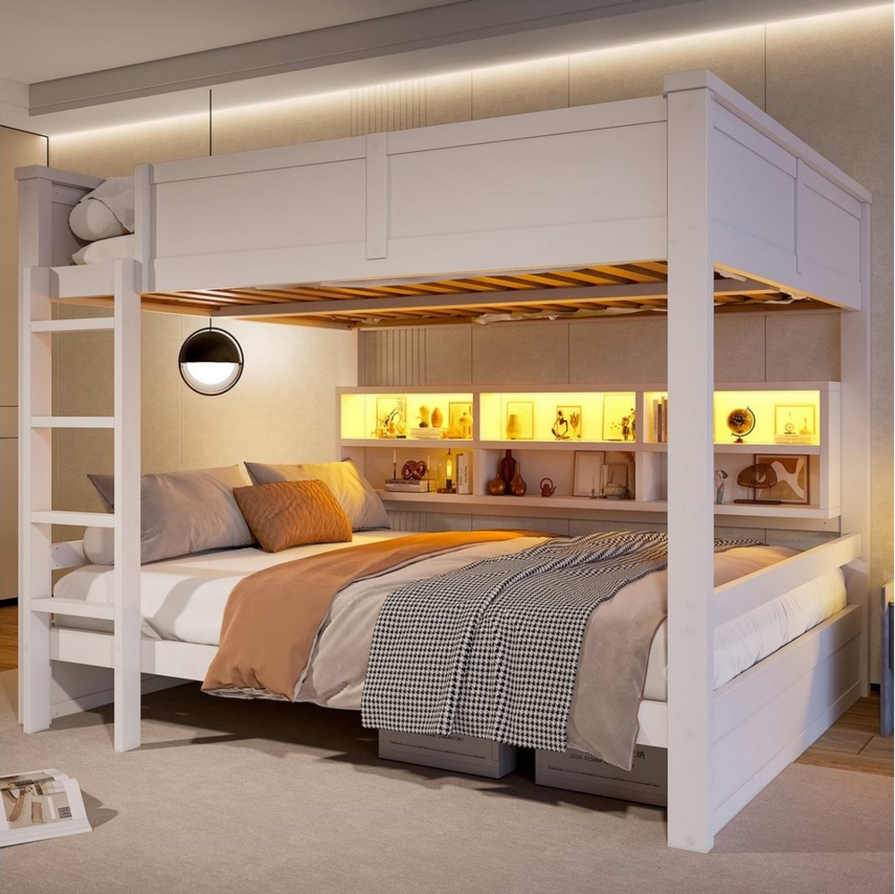 Merax Etagenbett mit LED-Beleuchtung (1-St), Massivholz Kinderbett 160x200cm mit 6 Staufächern, Leiter & Geländer Bild 1