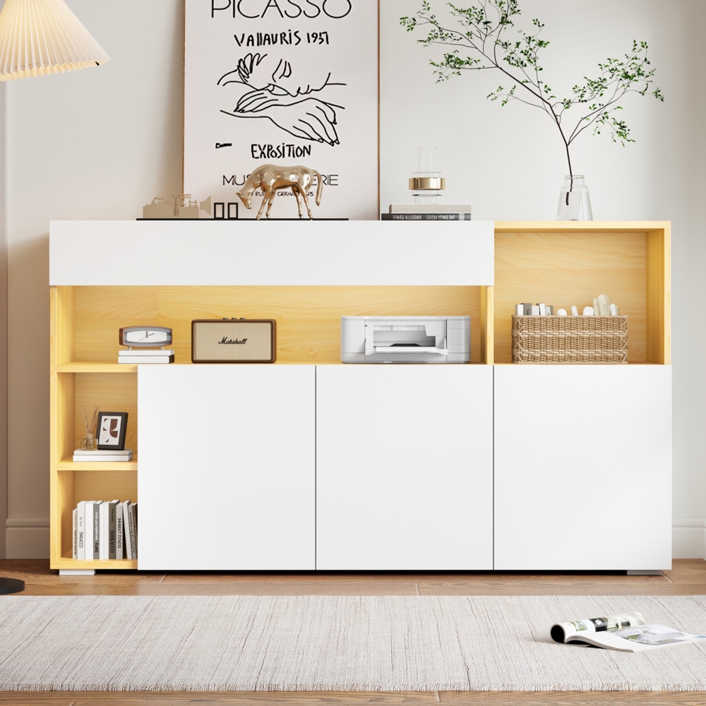 Merax LED Sideboard Breite 140cm, Multifunktionales Sideboard,Kommode, Highboard , Luxuriöses Sideboard für Wohnzimmer, Eckschrank für Flur, Schrank für Schlafzimmer, Weiß und Eiche Bild 1