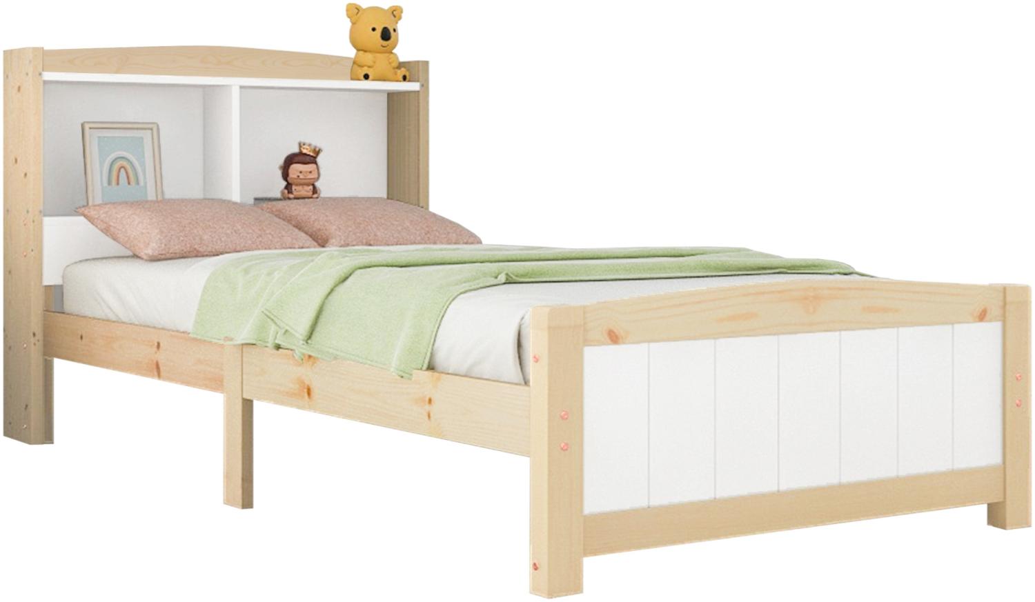 Merax Stauraumbett Einzelbett 90x200 aus Kiefernholz & MDF mit Stauraum-Kopfteil & Lattenrost für Schlafzimmer Weiß & Beige Bild 1