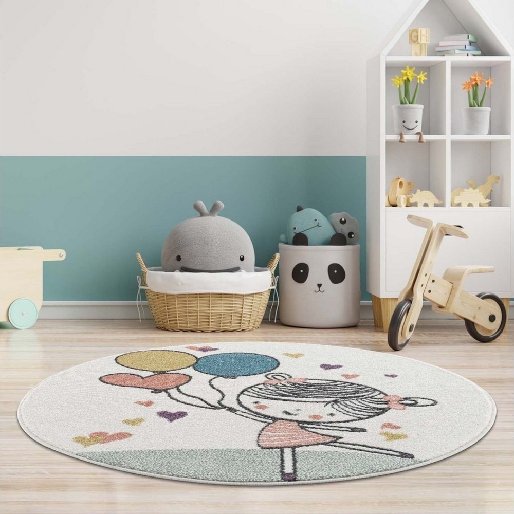 Carpet City Kinderteppich Anime9393, rund, Höhe: 11 mm, Spielteppich, Mädchen, Herzen, Ballon, Weicher Flor, Pflegeleicht Bild 1
