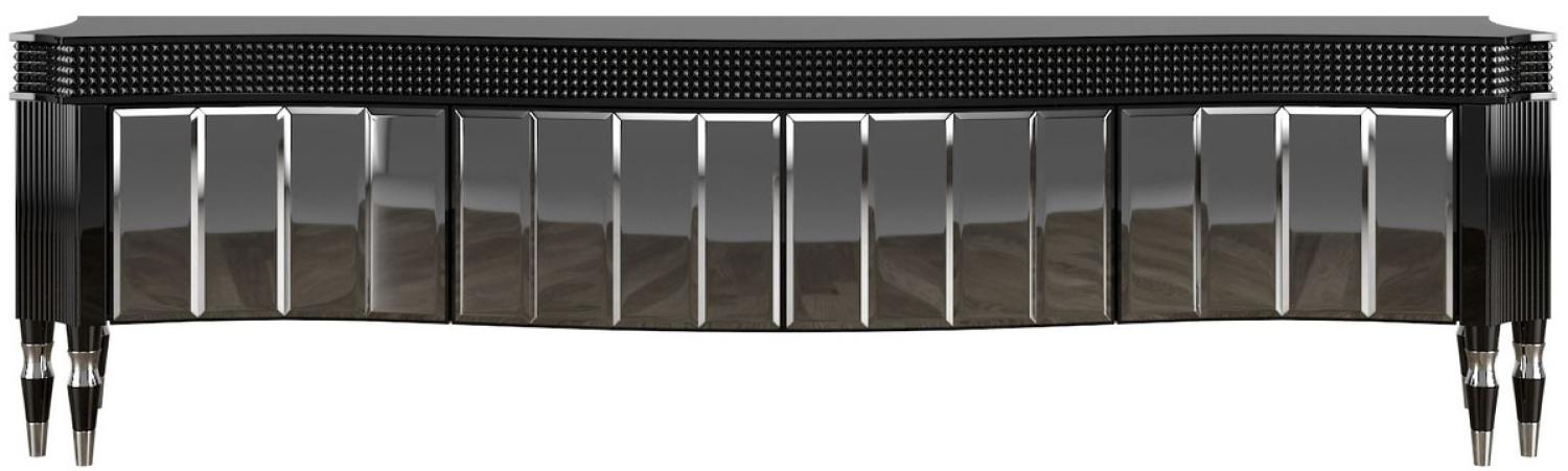 Casa Padrino Luxus Art Deco TV Schrank Schwarz / Silber 220 x 53 x H. 58 cm - Edler Fernsehschrank mit 4 verspiegelten Türen - Art Deco Wohnzimmer Möbel Bild 1