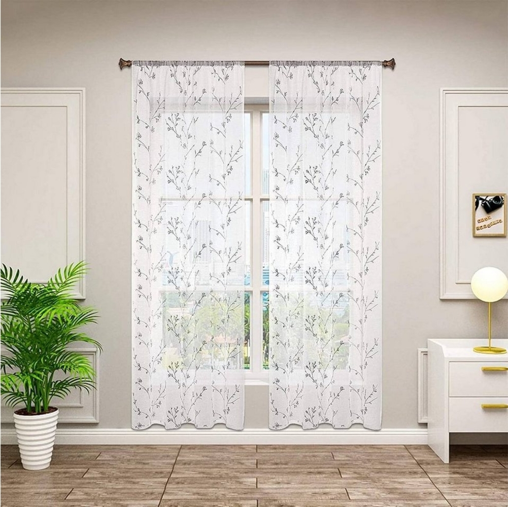 Woltu Gardine, (2 St), halbtransparent, transparent Stickerei mit Kräuselband Leinen Optik Bild 1
