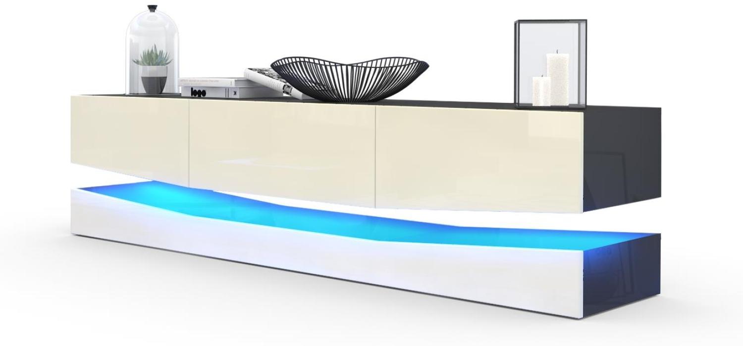 Vladon Lowboard City, TV-Kommode mit Sockelelement, 1 offenem Fach und 3 Schubkästen, Schwarz Hochglanz/Creme Hochglanz, inkl. LED-Beleuchtung (178 x variabel x 39 cm) Bild 1