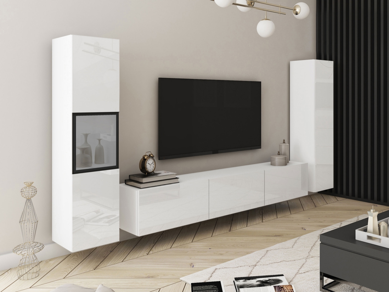 Wohnwand Bentlor III (Farbe: Weiß / Weiß Hochglanz, ohne Beleuchtung) Bild 1