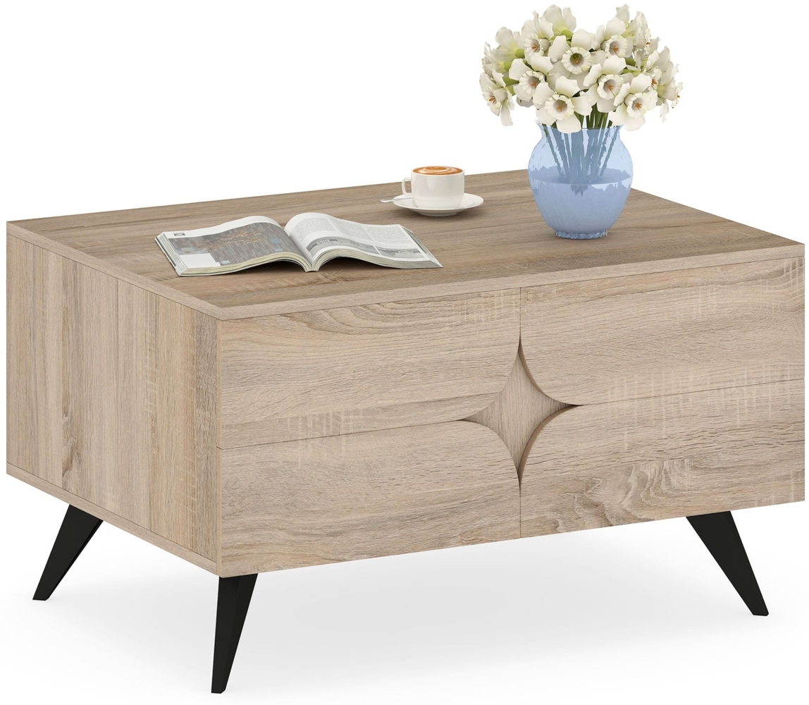 Moderner Couchtisch mit Stauraum Farmhouse-Akzenttisch mit offenen Fächern & 3 Schubladen 80 x 60 x 46 cm Eiche Bild 1