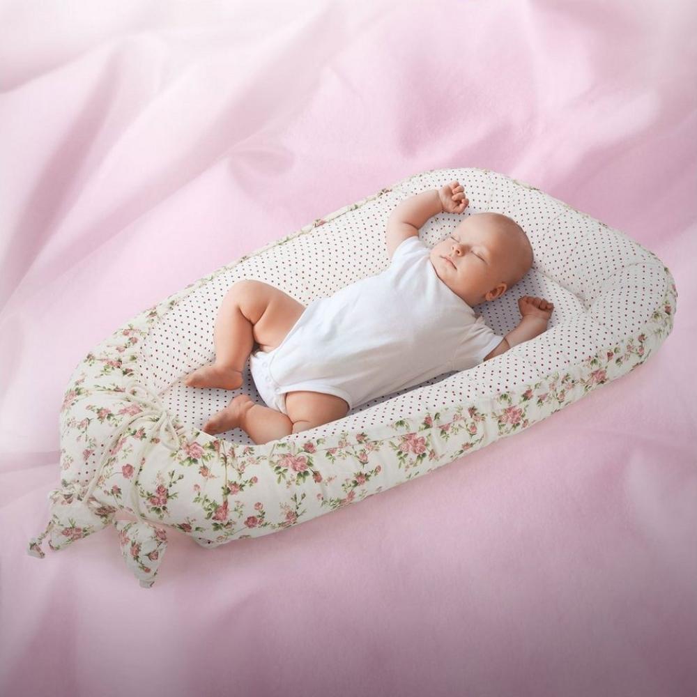 Joyz Babynest, Blumen, Weiß, 90x50 cm, Baumwolle, zweiseitig, antiallergisch, tragbar, Multifunktionale Babynestchen, Kokon für Babys & Säuglinge, Baby Nest Babybett Neugeborene Kuschelnest Reisebett Bild 1