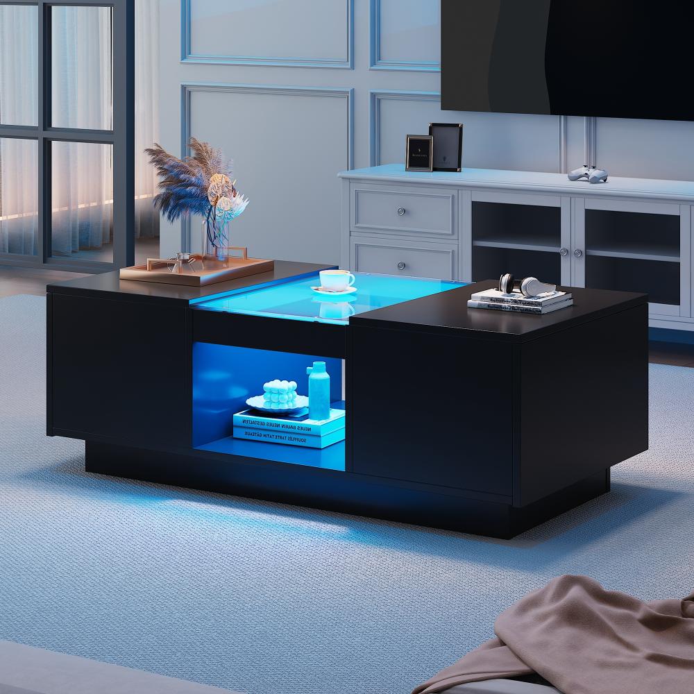 Merax Couchtisch inkl. APP mit 2 Schubladen, Beistelltisch mit Glasplatte, Wohnzimmertisch mit LED, Kaffeetisch, Schwarz Bild 1