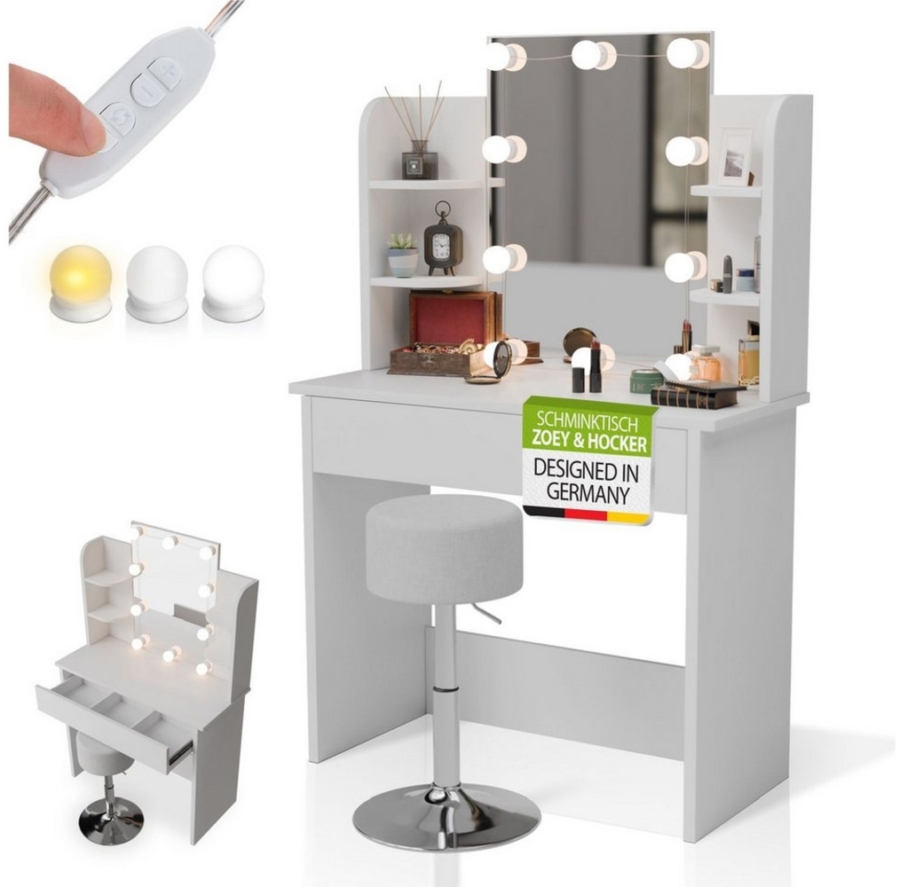 Juskys Schminktisch Zoey & Hocker Tonia, LED-Spiegel, kompakter Kosmetiktisch mit Schublade, viel Stauraum, pflegeleichte Melamin-Oberfläche – Weiß Bild 1