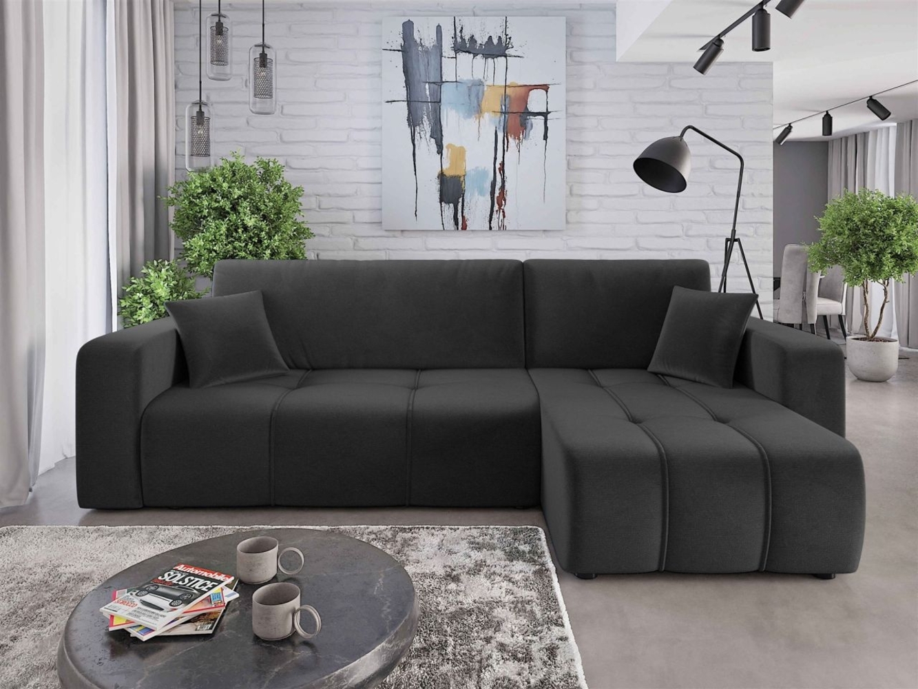 Ecksofa mit Schlaffunktion Sofa DAGNY in Stoff Kronos Dunkelgrau Ottomane Rechts Bild 1