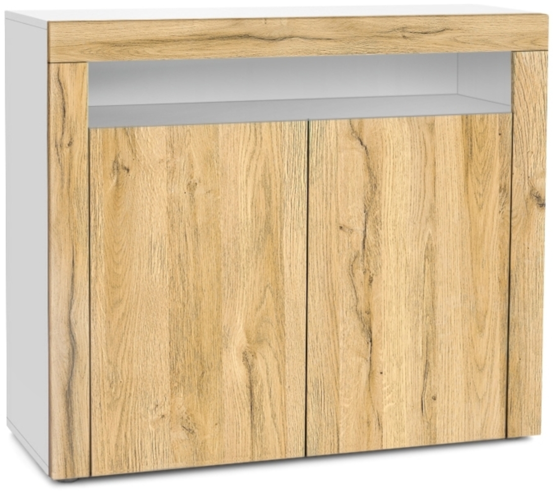 Vladon Kommode Valencia, Sideboard mit 2 Türen und 1 offenem Fach, Weiß matt/Eiche Natur/Eiche Natur (108 x 92 x 40 cm) Bild 1