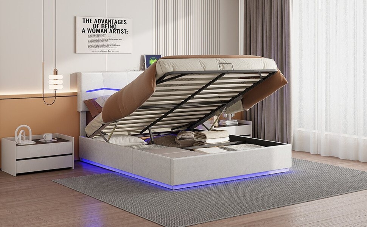 Furnishings Home Polsterbett PU hydraulisches Doppelbett mit Stauraum + LED (Set, Bett), Hausbett, mit Bettkasten, mit LED-Licht, mit USB-Anschluss Bild 1