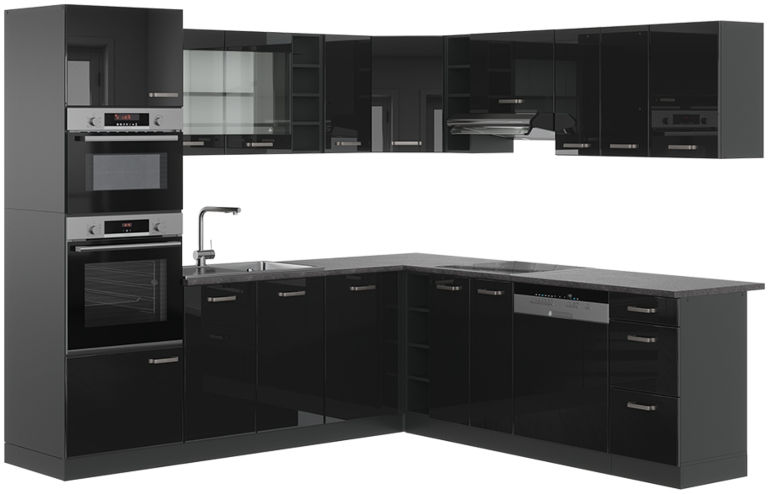 Eckküche R-Line Schwarz Hochglanz/Anthrazit 247 x 46 cm ohne Arbeitsplatte Vicco Bild 1