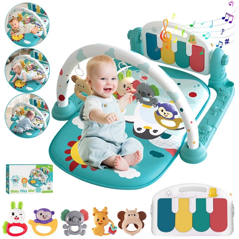 Krabbeldecke Spielmatte mit Spielbogen Baby Lernmatte Spieldecke Erlebnisdecke, ZEUOPQ, mit lustigen Tiermotiven und 5 hängende Cartoon-Spielzeuge. Bild 1