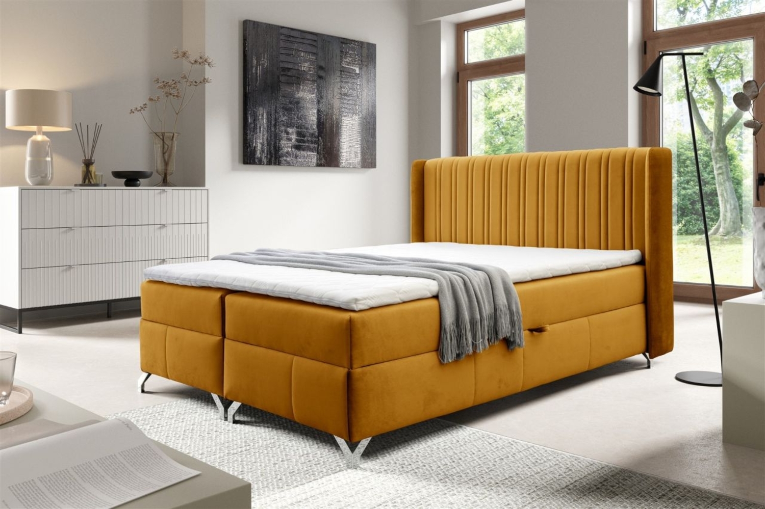 Boxspringbett Schlafzimmerbett DAMIEN 200x200 cm Stoff Salvador Honiggelb Bild 1