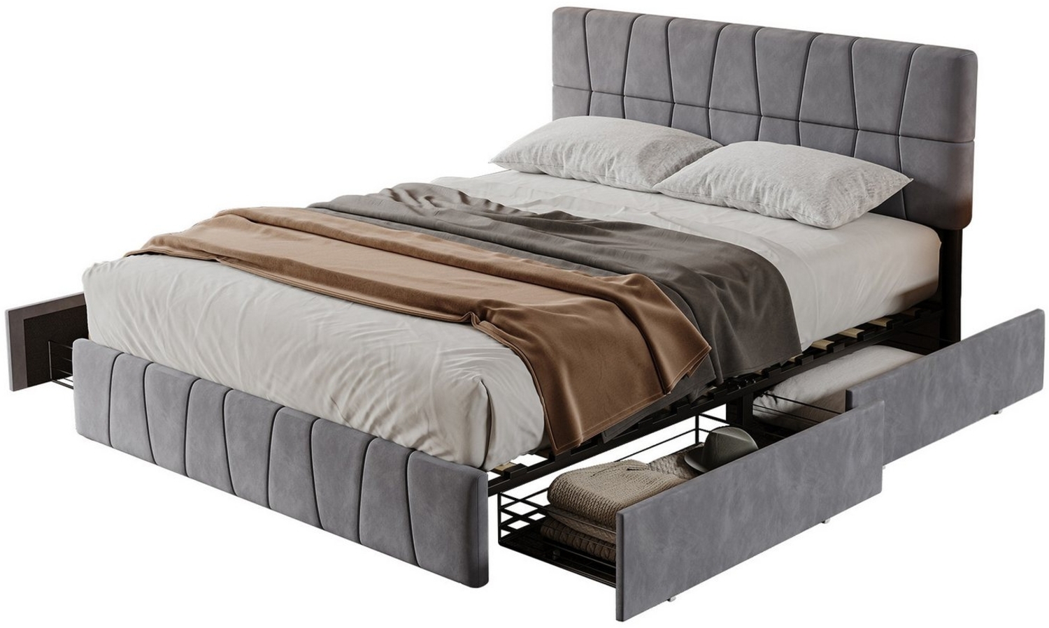 FUROKOY Polsterbett Doppelbett Stauraumbett mit 4 Schubladen (Mit Kopfteil und Lattenrost, Multifunktionales Bett), 160x200 cm,Samt,Jugendbett mit höhenverstellbaren kopfteil,Grau Bild 1