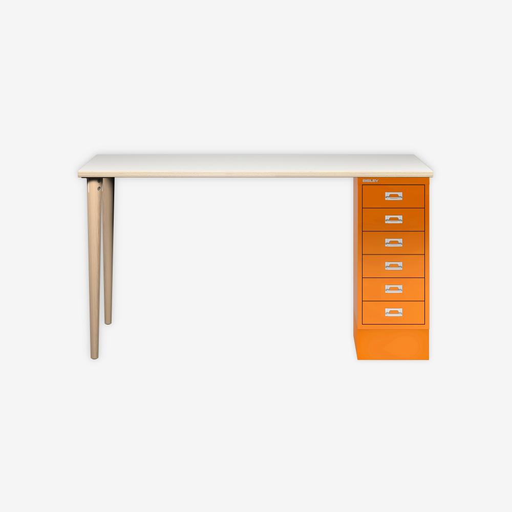 MultiDesk, 2 Eichenfüße, 1 MultiDrawer mit 6 Schüben, Dekor Plywood, Farbe Orange, Maße: H 740 x B 1400 x T 600 mm Bild 1