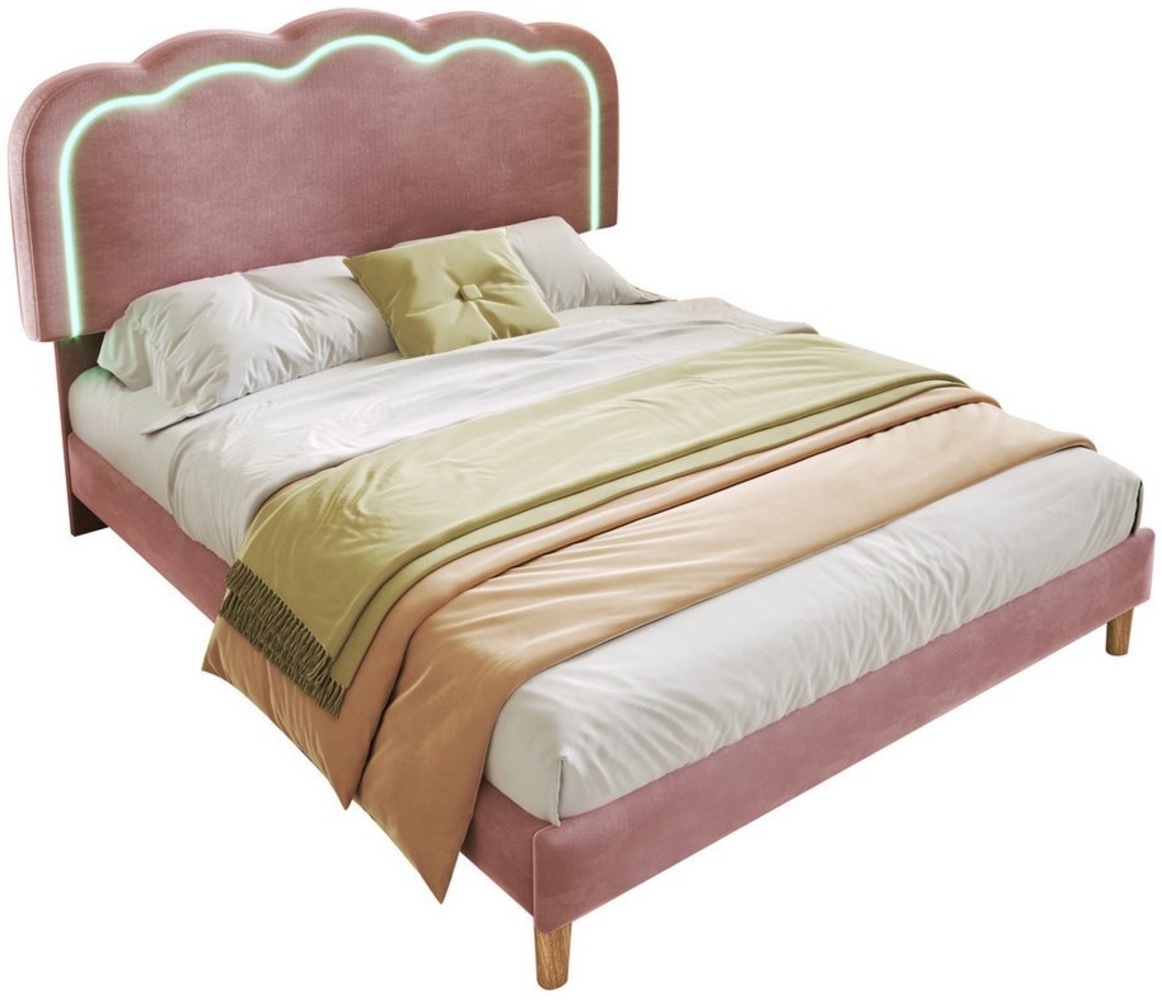 Ulife Polsterbett Jugendbett Bettgestell mit LED-Licht und Kopfteil, Bettrahmen Jugendbett für Schlafzimmer Gästezimmer-Samt,140*200cm Bild 1