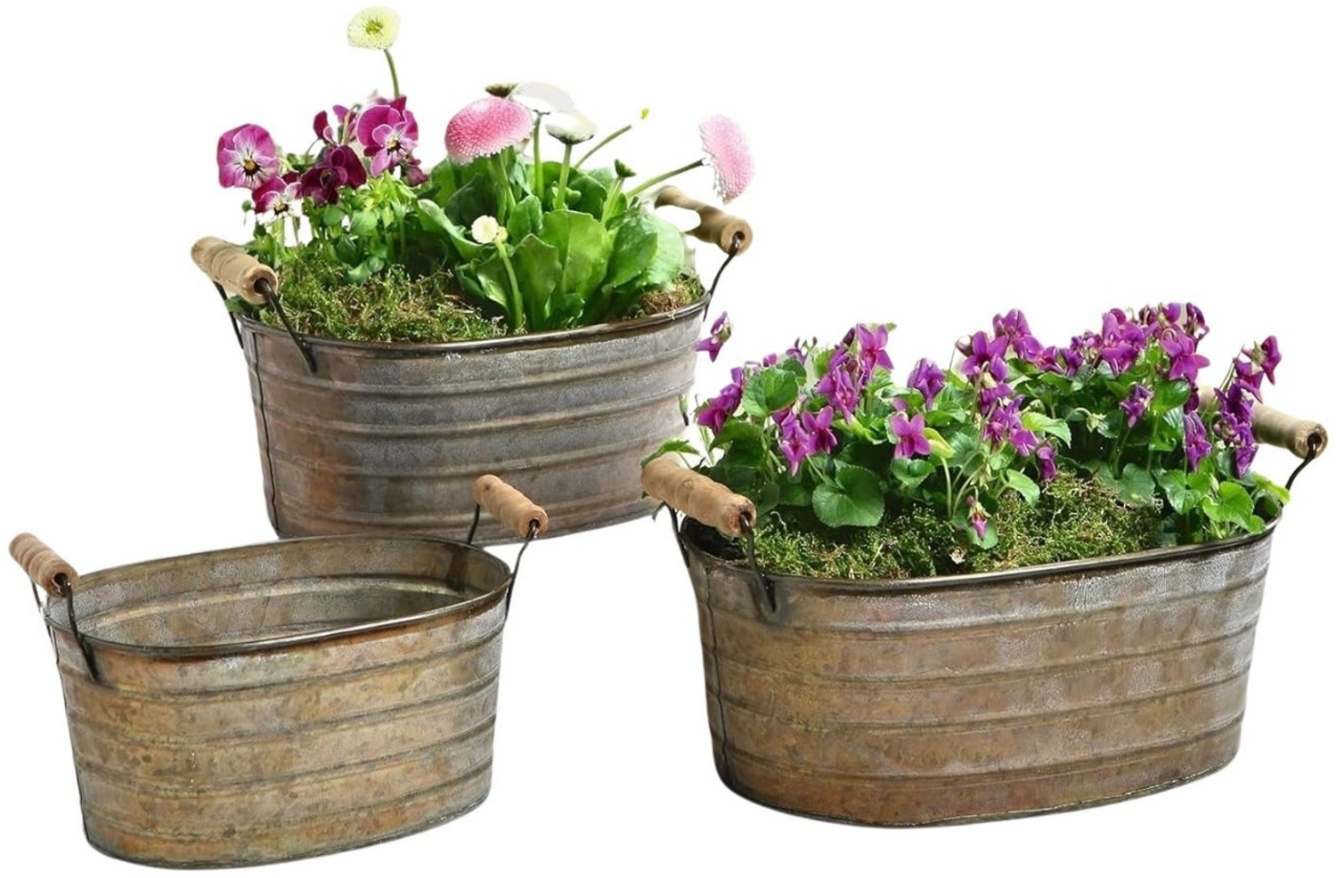 Dekoleidenschaft Pflanzkübel Metallwannen im Antik-Design mit Holzgriffen, Blumenkübel Pflanzkasten (3 St, im Set), Blumenkasten, Pflanzkübel, Metall Pflanzgefäß, Gartendeko für Draußen Bild 1