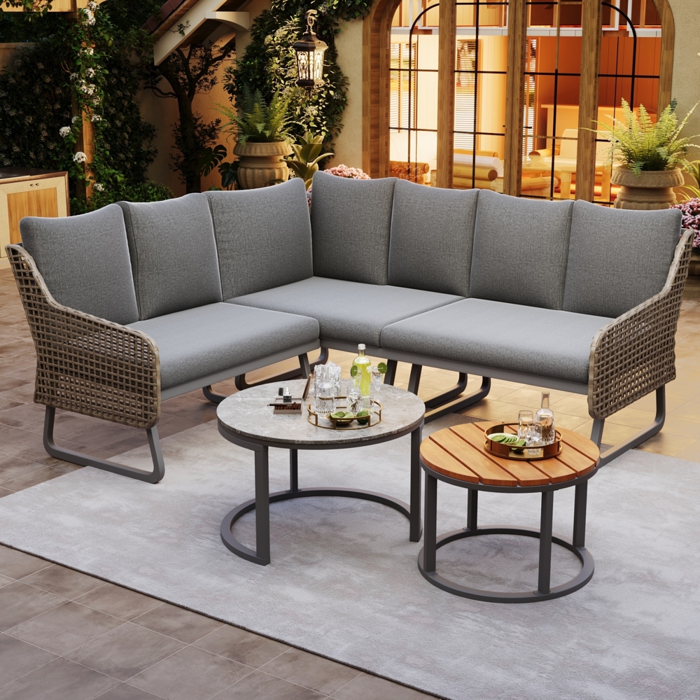 Merax Gartenmöbel-Set für 6-7 Personen, Outdoor-Lounge-Set, Rattan-Handwerk, mit zwei Tischen, mit verzinktem Eisengestell, verstellbare Beine, inklusive aller Sitz- und Rückenkissen, grau Bild 1