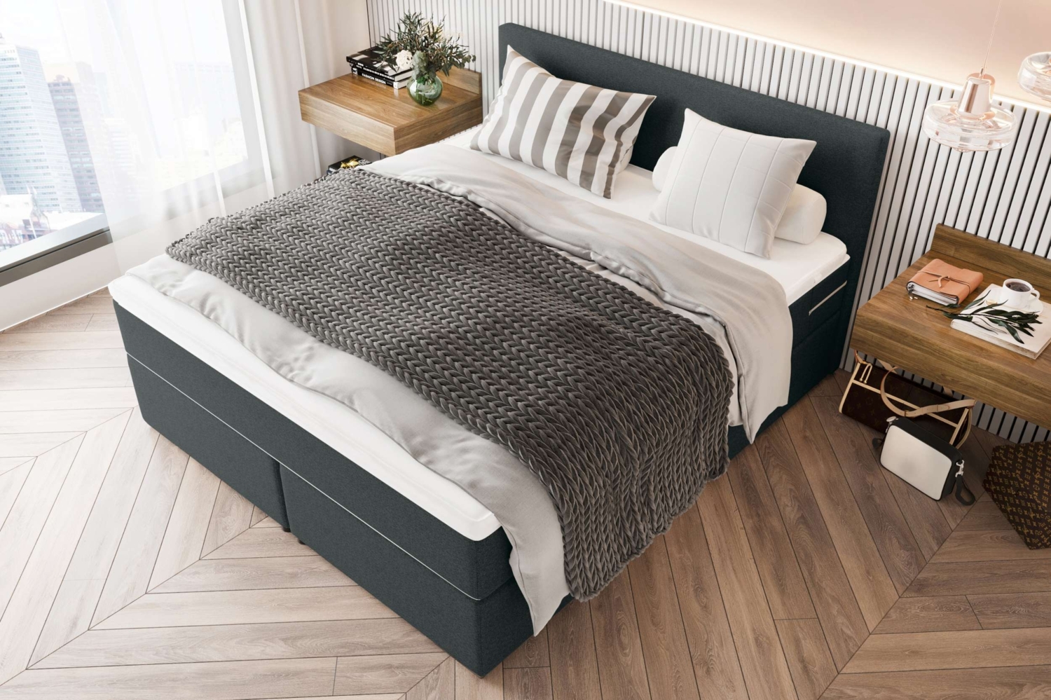 99rooms 'Phönix' Boxspringbett, Schwarz, 200x200 cm, Webstoff MALMO_NEW Bild 1