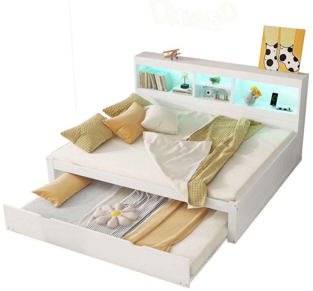 HAUSS SPOLE Schlafsofa 140x200cm mit Beleuchtung, Staufach, Ausziehbares Bett, Steckdose Weiß, Multifunktionales Schlafsofa mit Ambientebeleuchtung & USB-Anschluss, Ausziehbar & mit Stauraum, ohne Matratze Bild 1