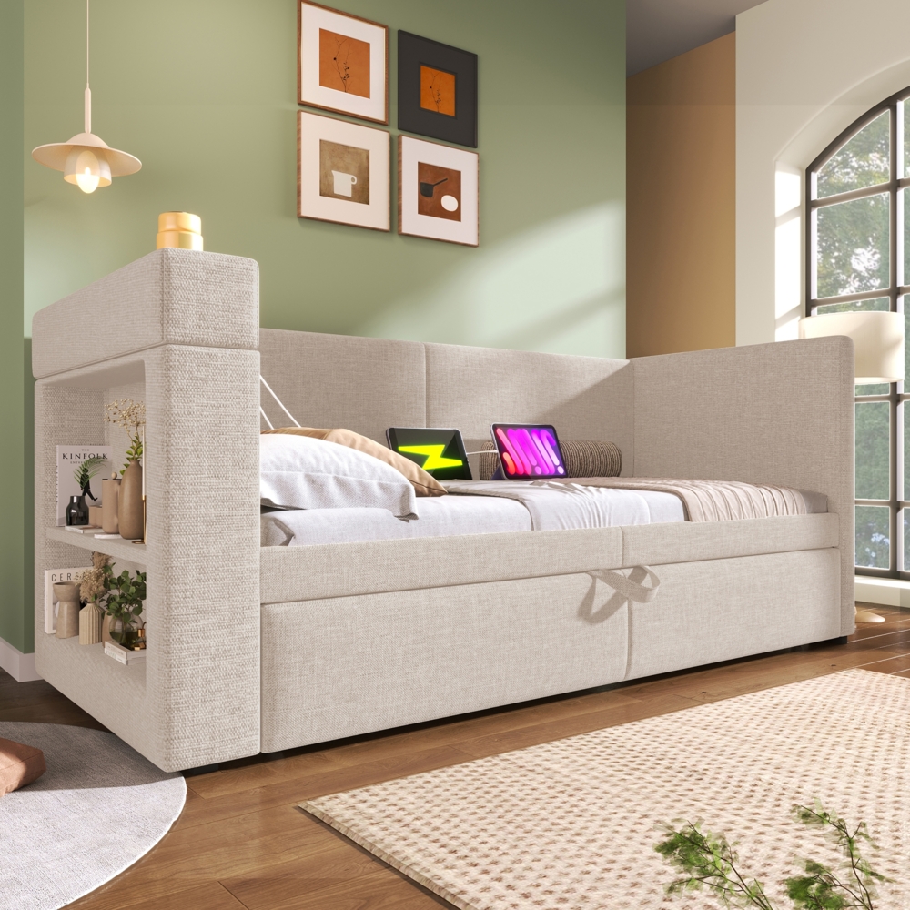 Daybett Schlafsofa mit Ausziehbett 90x200 cm, ohne Matratze, Leinen-Baumwolle Beige Bild 1