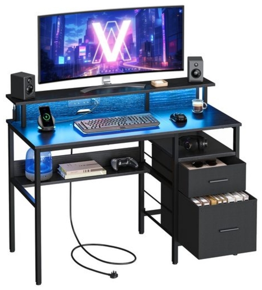 Vasagle Schreibtisch mit Schubladen, Computertisch mit Monitorständer, LED-Beleuchtung, 55 x 120 x 90 cm, eingebaute Steckdosen, 2 USB-Anschlüsse, für Homeoffice, ebenholzschwarz LWDDE093B01 Bild 1