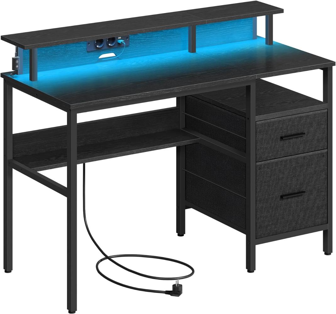 VASAGLE Schreibtisch mit Schubladen, Computertisch mit Monitorständer, LED-Beleuchtung, 55 x 120x 90 cm, eingebaute Steckdosen, 2 USB-Anschlüsse, für Homeoffice, ebenholzschwarz LWDDE093B01 Bild 1