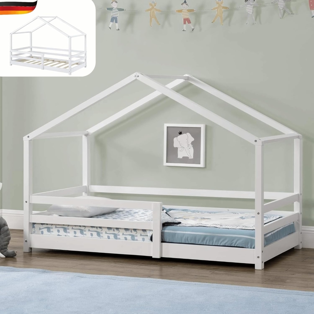 DELUKE® Kinderbett 80x160 cm TRUDA - mit Lattenrost und Fallschutz Kiefernholz Haus-Design Einzelbett Hausbett Kinderzimmer Bodenbett Montessori Bett Weiß Bild 1