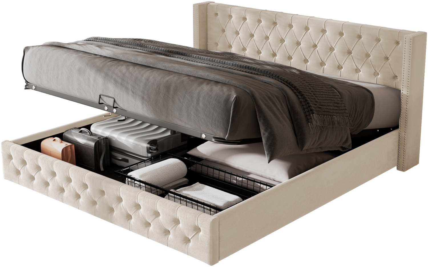 ComfortXL Polsterbett-BB051, Massivholz, Beige, 209x190x95cm Bild 1