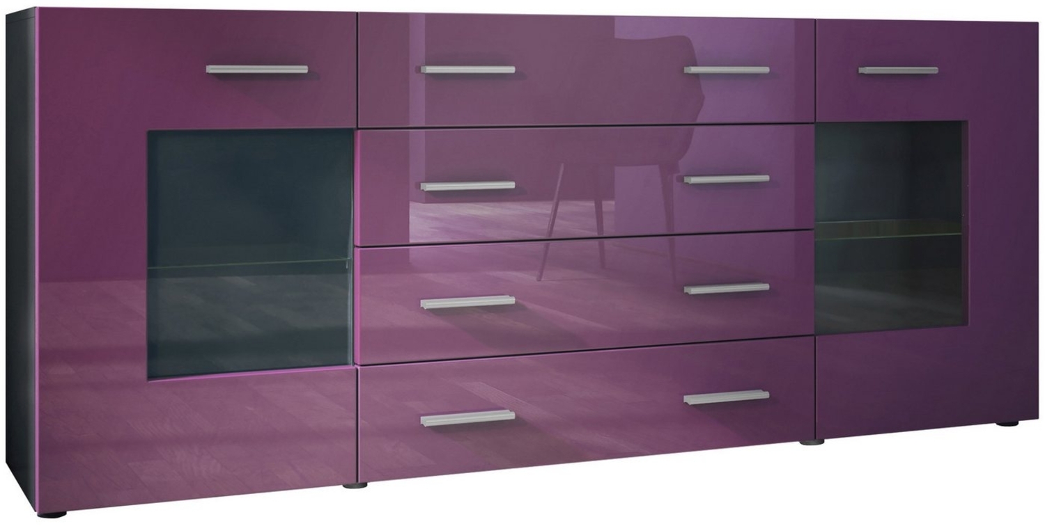 Sideboard Kommode Grömitz V2, Korpus in Schwarz matt / Front in Brombeer Hochglanz (166 x 72 x 35) Bild 1