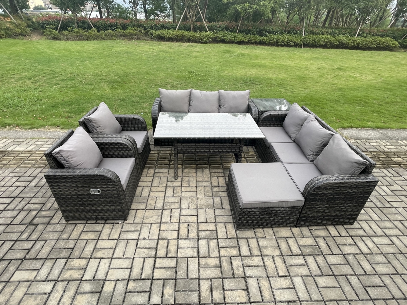 Fimous 7 Teil Rattan Gartenmöbel-Set mit Terrassen Sofa Rechteckiger Esstisch Großer Fußhocker Beistelltisch Terrassen Set Bild 1