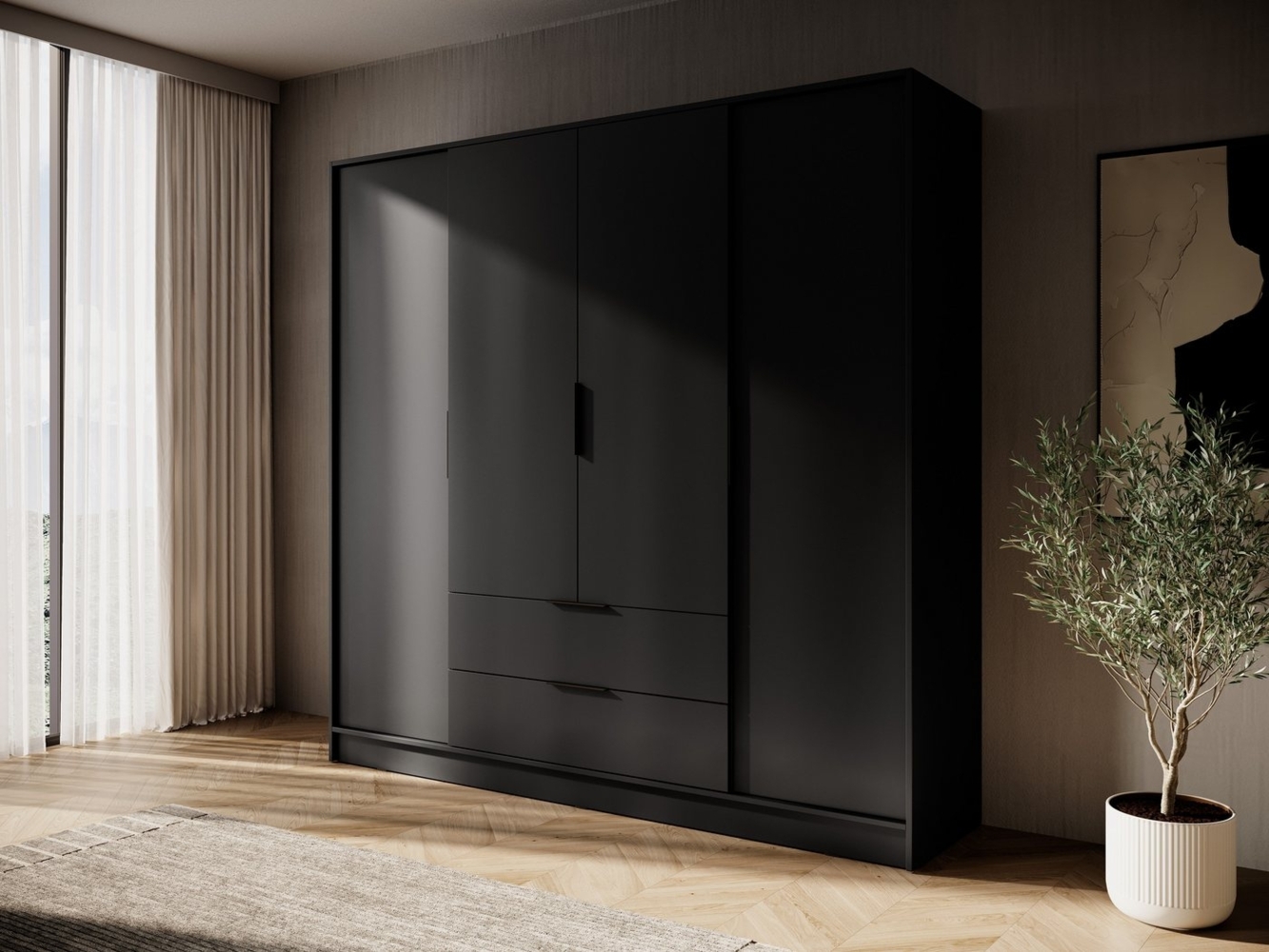 MOEBLO Drehtürenschrank SEVIA 200 (Moderner und funktionaler Schrank mit verstellbaren Regalen und Schubladen, Kleiderschrank 4-türig Schrank Garderobe Schlafzimmer mit/ohne Spiegel, mit/ohne Vitrinen - und Schubladen) (BxHxT): 206x200x51 cm Bild 1