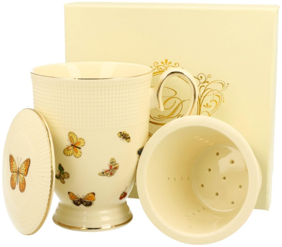 DUO ECRU Becher 400 ml BUTTERFLIES mit Teesieb, New Bone China Porzellan Bild 1