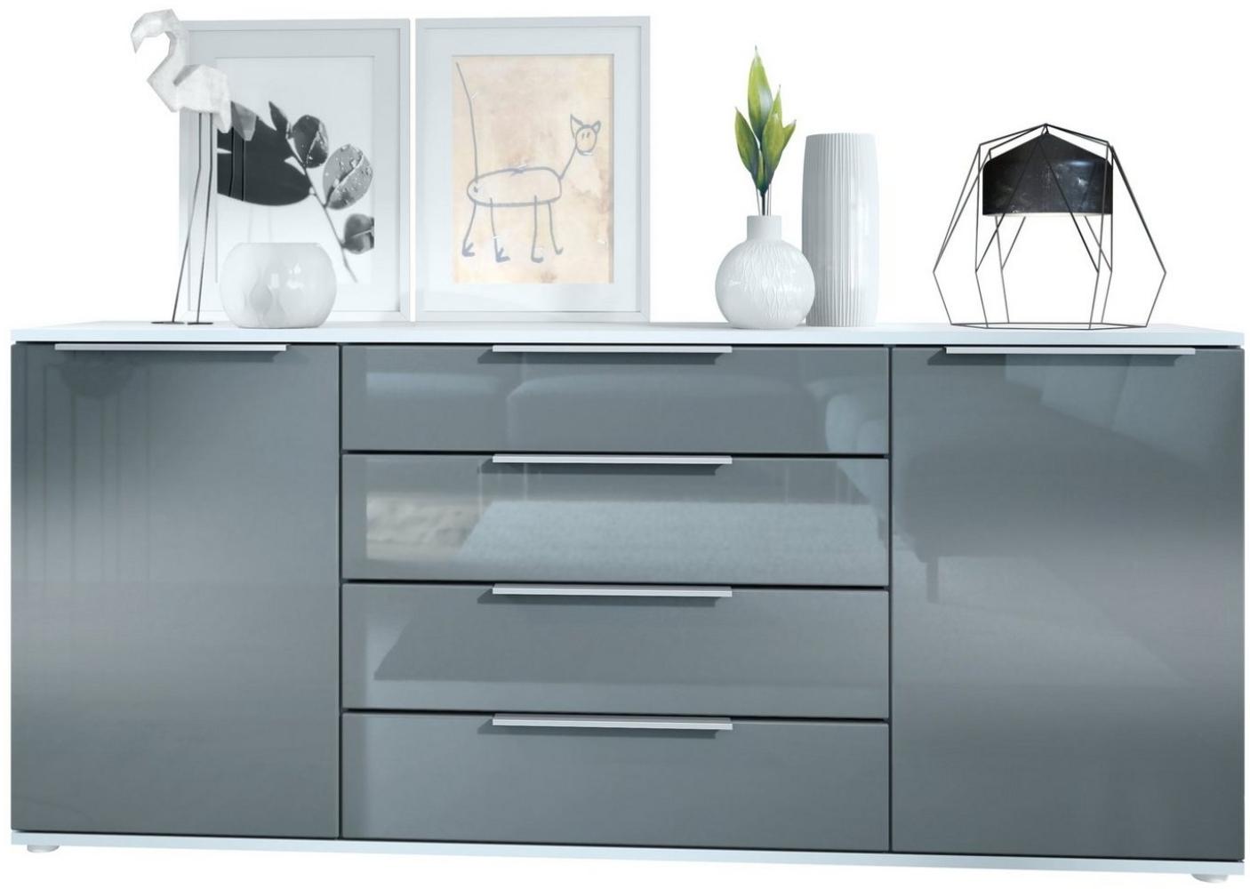 Vladon Sideboard Linio V2 166,5 x 72,5 x 35 cm Anrichte mit 2 Türen und 4 Schubladen, Korpus in Weiß matt, Fronten in Grau Hochglanz Bild 1