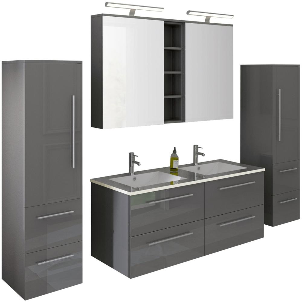 Badezimmer-Set 120 cm 4 tlg MDF Eiche Grau Glas mit Waschbecken. Bild 1