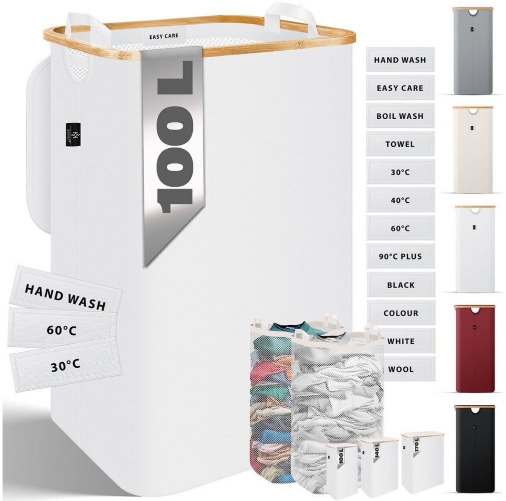 KESSER® Wäschekorb mit Deckel faltbar Wäschebox Wäschetruhe Wäschetonne | Wäschesammler mit herausnehmbaren Wäschesäcke | Laundry Baskets Wäschesortierter inkl. Waschhinweisen Weiß, 140 L Bild 1