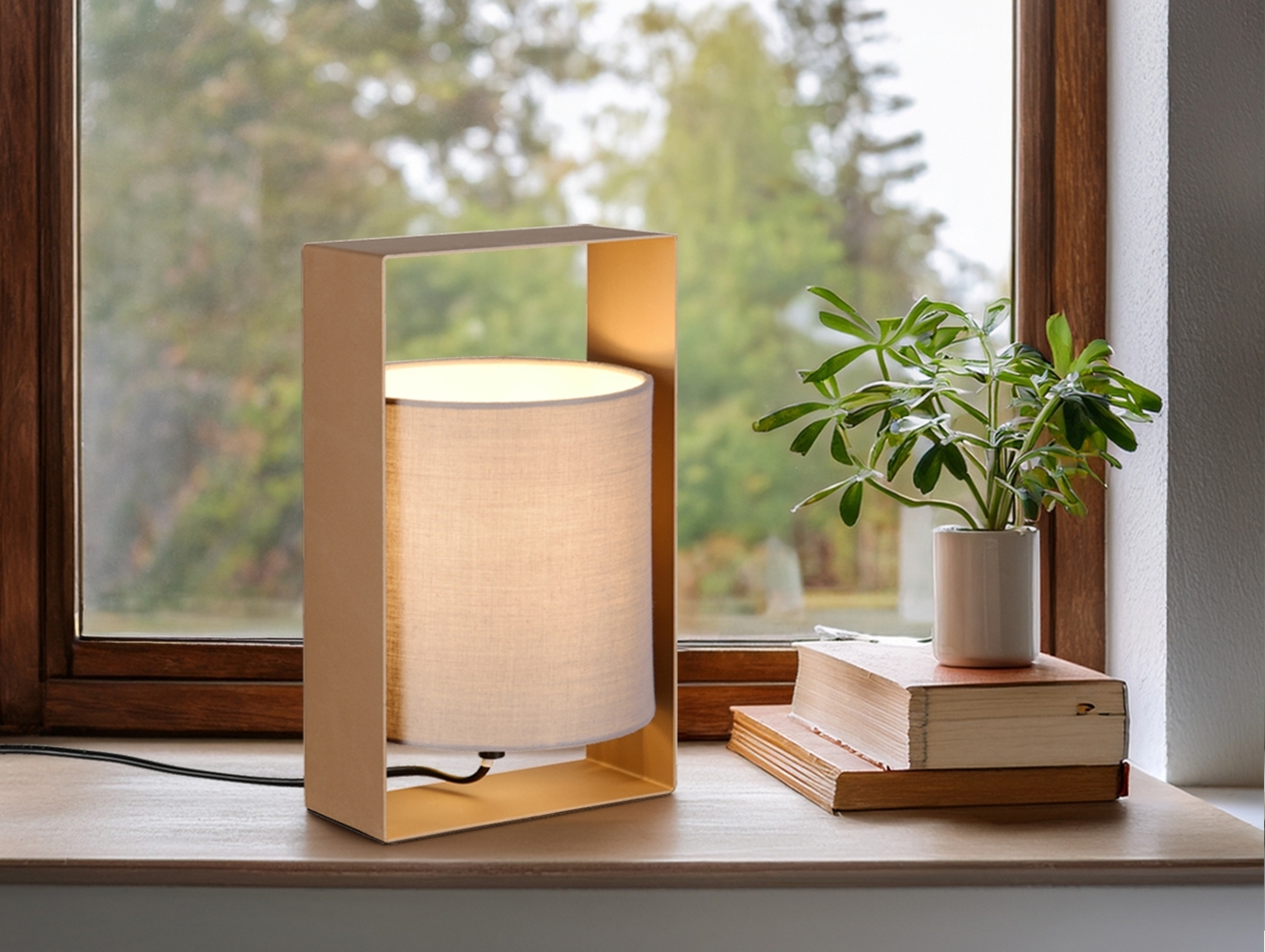 Moderne Tischlampe PAIL Metallrahmen Coffee, Stoffschirm Taupe, Höhe 27cm Bild 1