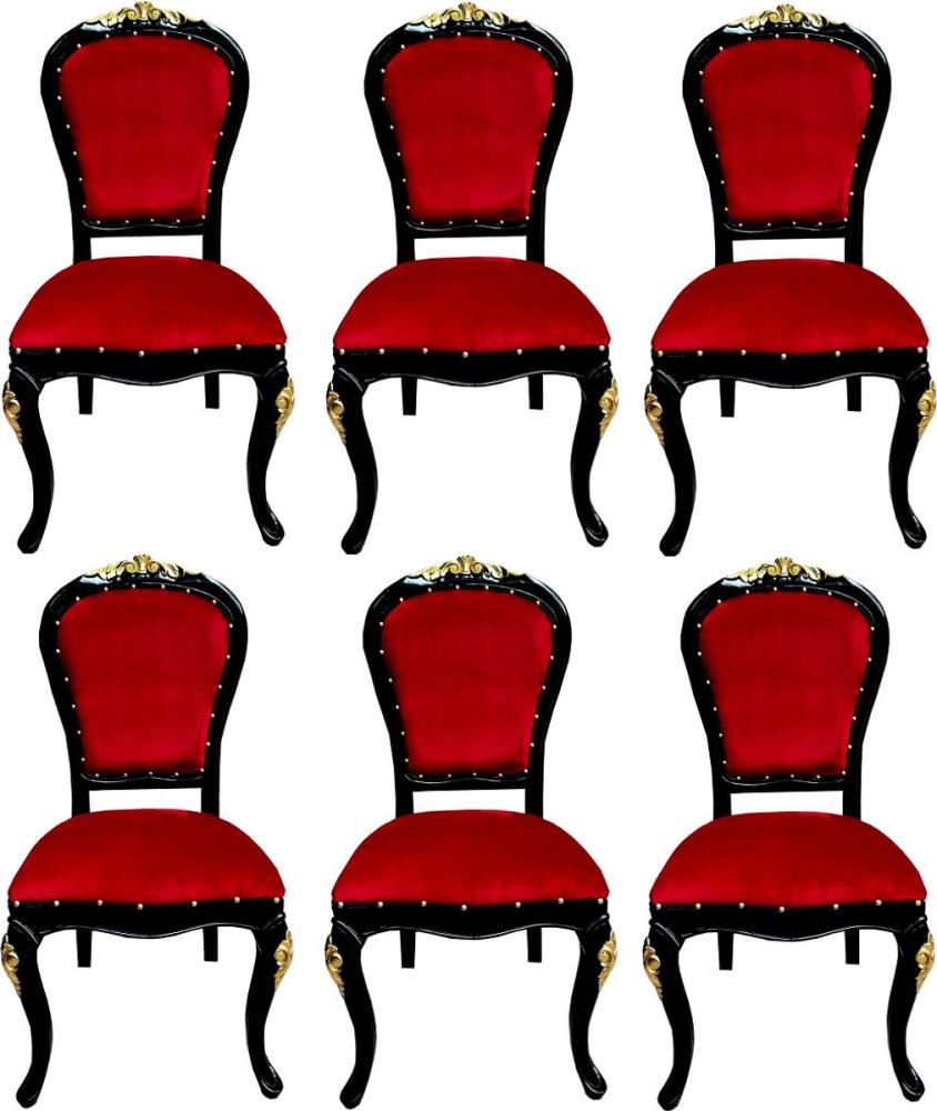 Casa Padrino Luxus Barock Esszimmer Set Bordeauxrot / Schwarz / Gold 50 x 50 x H. 110 cm - 6 handgefertigte Massivholz Esszimmerstühle mit Samtstoff - Barock Esszimmermöbel Bild 1