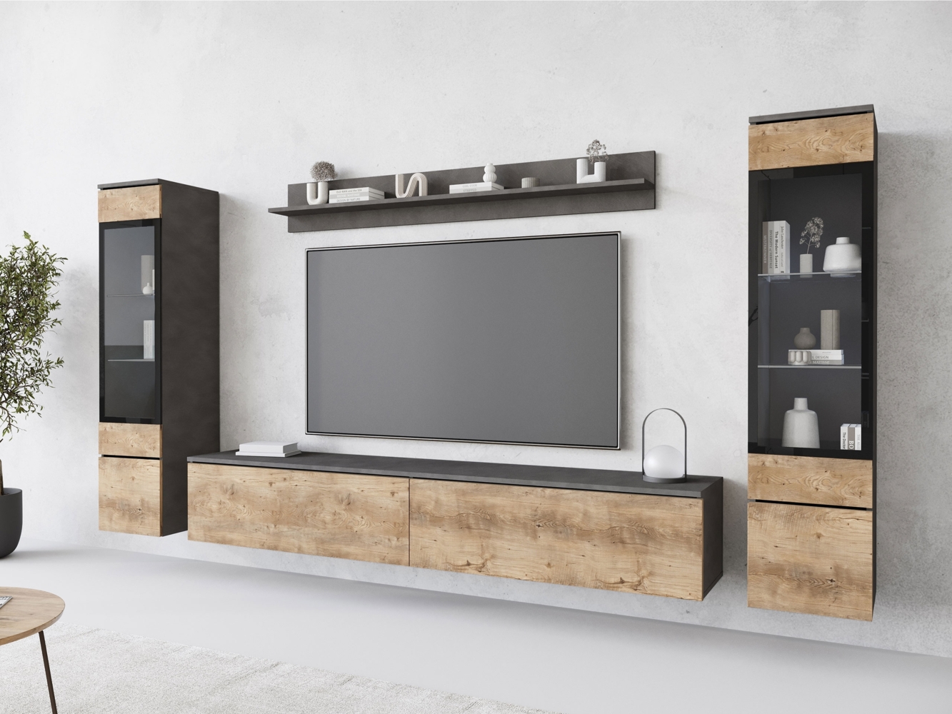 Wohnwand Doppo II, ohne Beleuchtung, Farbe: Matera / Kastanien Breslau Bild 1