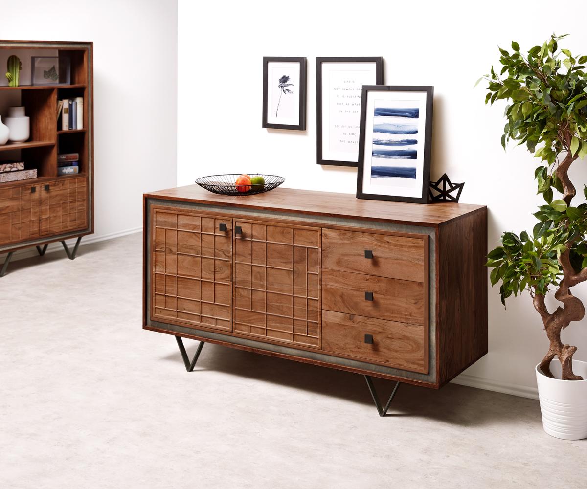 Sideboard Stonegrace 150 cm Akazie Braun 3D 2 Türen 3 Schubladen V-Fuß Schwarz Bild 1