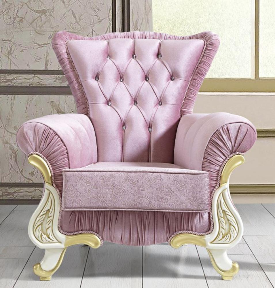 Casa Padrino Barock Sessel Rosa / Weiß / Gold 97 x 85 x H. 105 cm - Barockstil Wohnzimmer Sessel mit Glitzersteinen - Barock Möbel Bild 1