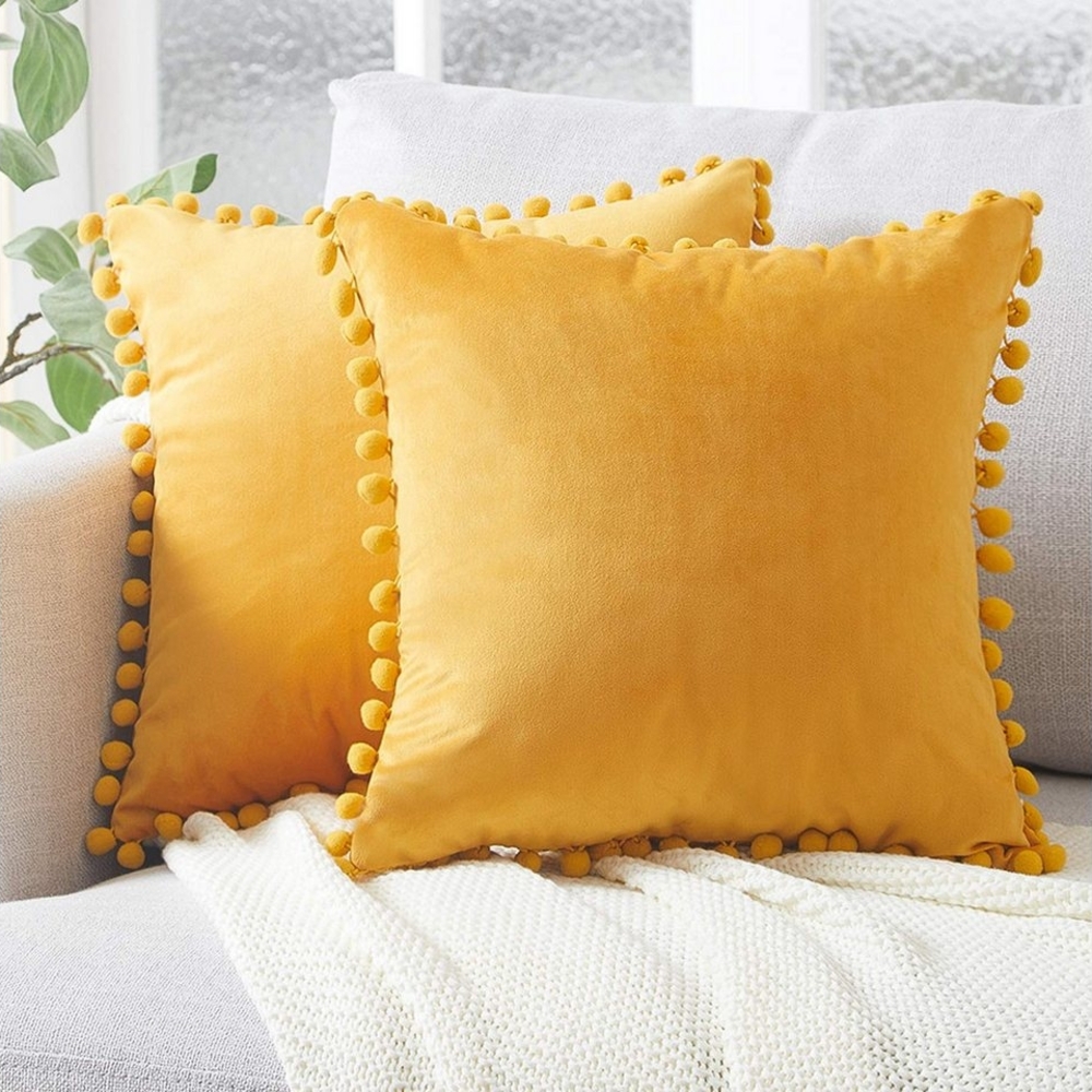 Powerwill Kissenbezug Samt Kissen mit Pompoms Einfarbig Kissenbezüge Dekorative, (2 Stück), Kissenhülle Sitzkissen Dekokissen für Sofa Schlafzimmer Büro Auto Bild 1